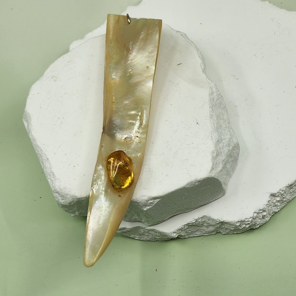 Mother of Pearl Shell Pendant Amber Tone Cabochon Long Tapered Artisan Jewelry